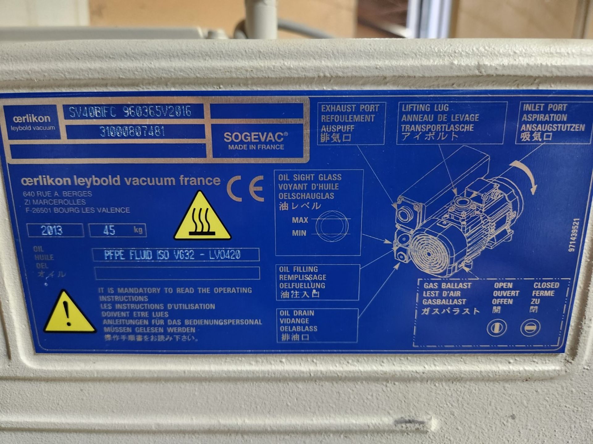 Sogevac 1.3 kW (1.75 hp) vaccum pump, model SV40 BIFC960365V2016, 230 volts, serial# 31000807481, - Image 4 of 7