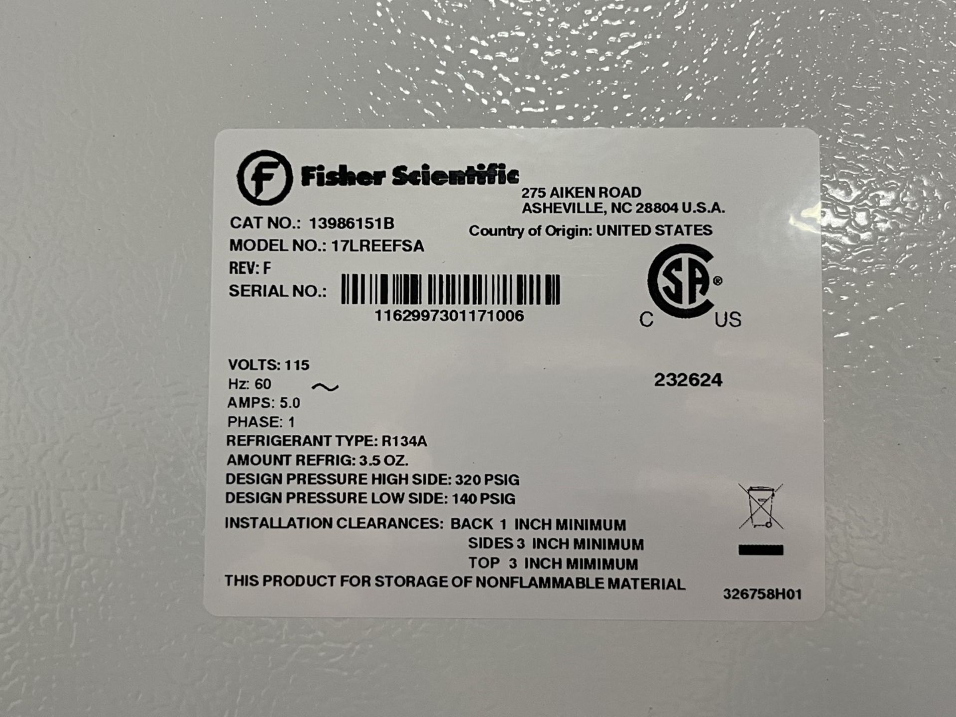 Fisher Scientific IsoTemp refrigerator, model 17LREEFSA, 115 volt, R-134a refrigerant, serial# - Image 2 of 7