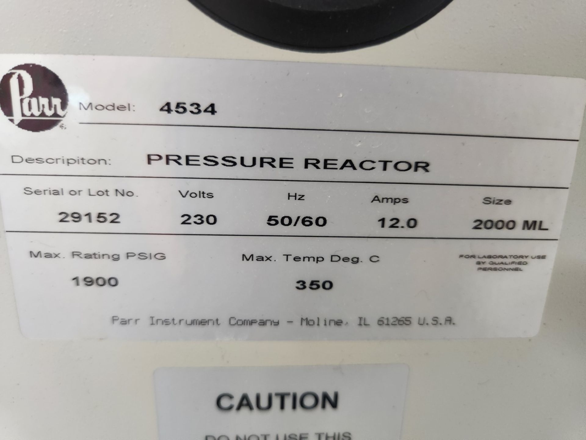 2 Liter Parr Reactor, model 4534, 316 stainless steel construction, arated 1900 psig at 350C, with - Image 2 of 12