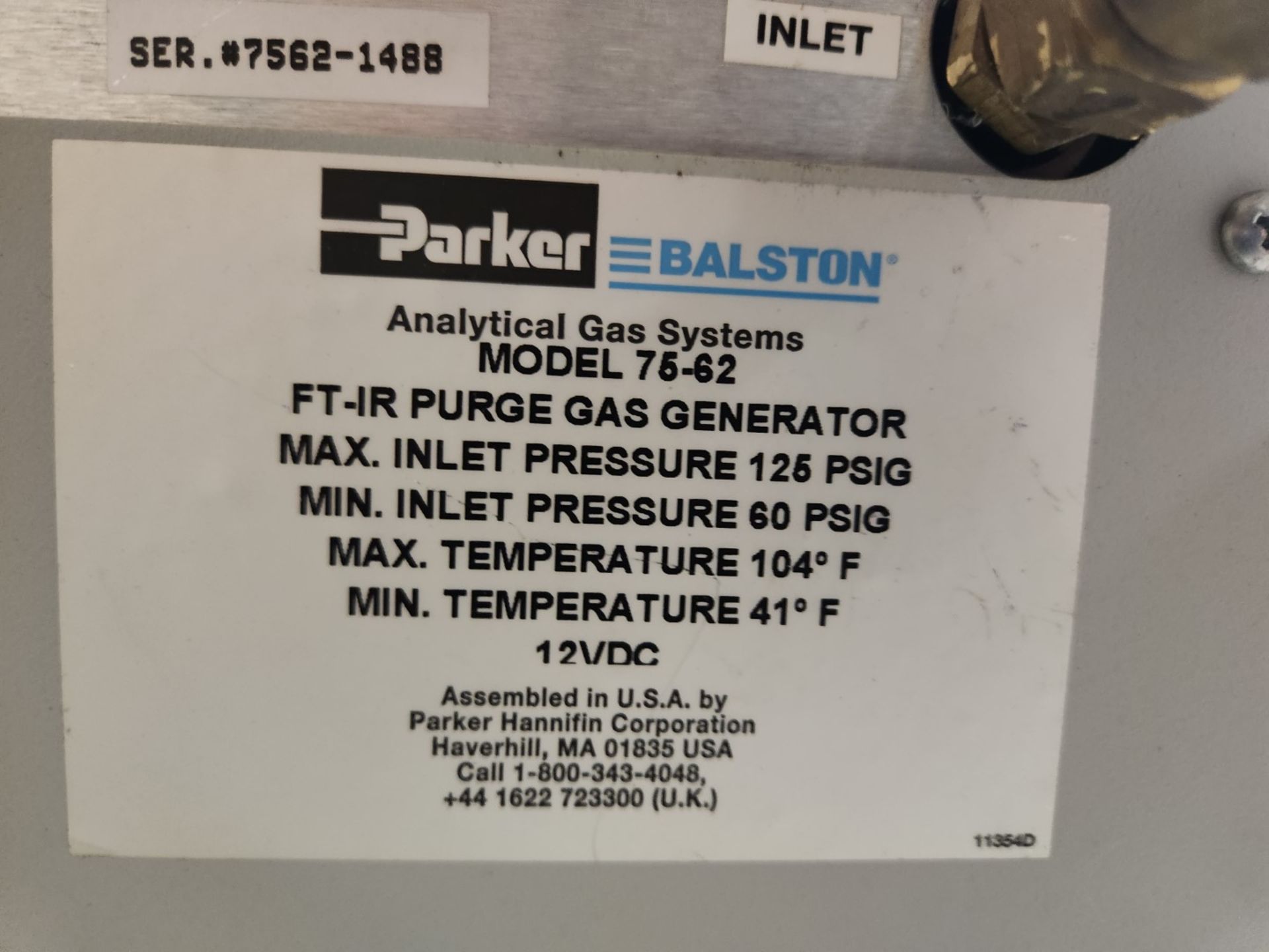 Parker Balston FT-IR purge gas generator, model 75-62, serial# 7562-1488. (TAG # 1200024) Ships from - Image 2 of 4