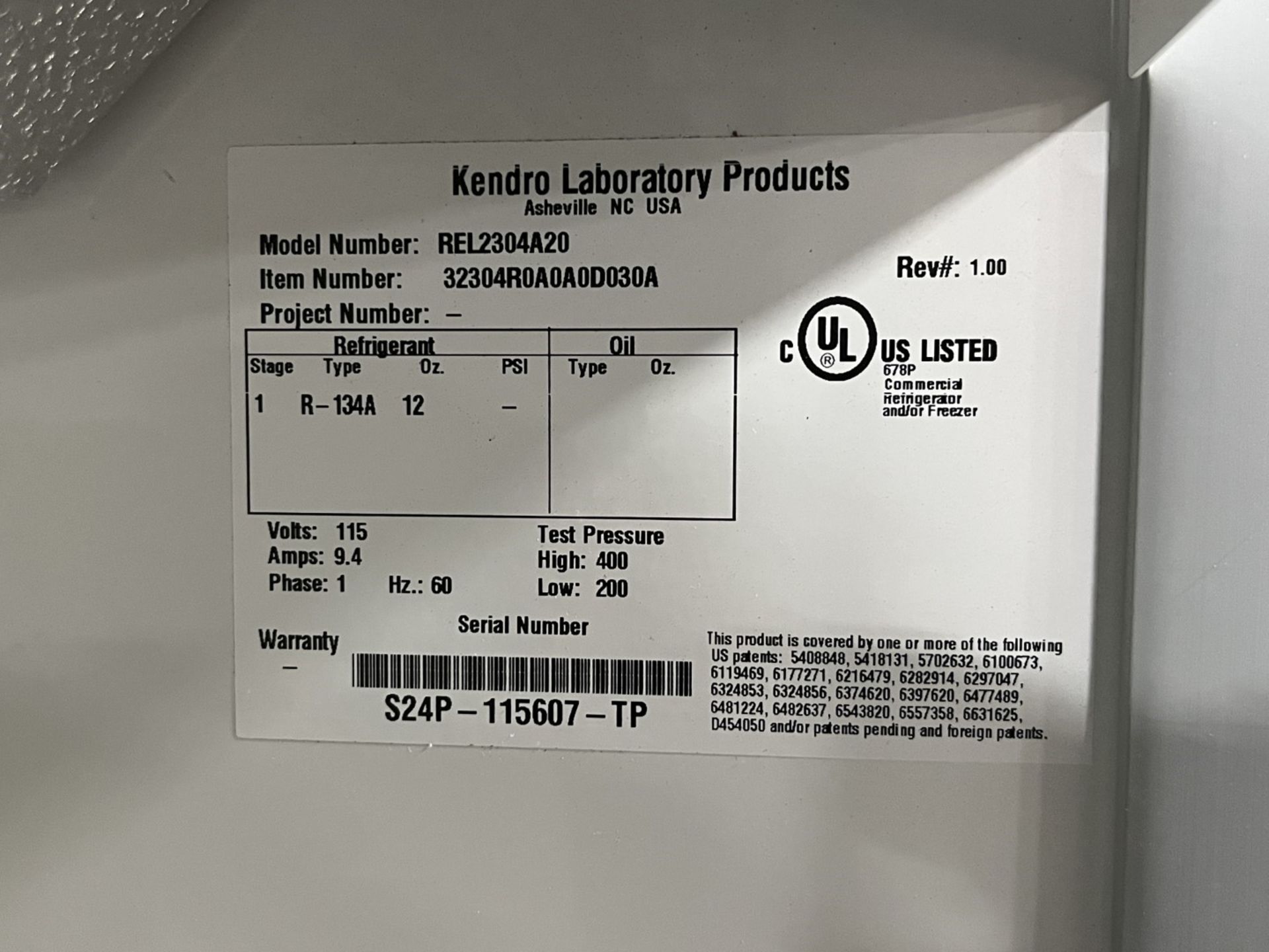 Kendro Laboratory Products, Model REL2304A20, 115 volt, R-134a refrigerant, serial# S24P-115607- - Image 2 of 7
