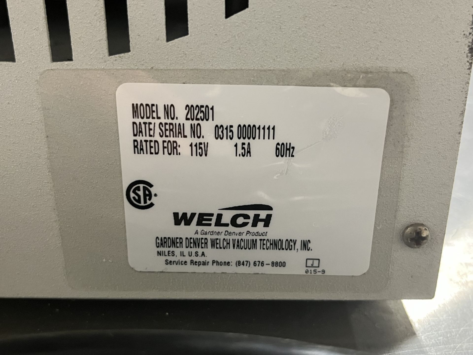 Welch self-cleaning dry vacuum system, model 202501, 115 volt, serial# 00001111, built in 2015. (TAG - Image 2 of 5