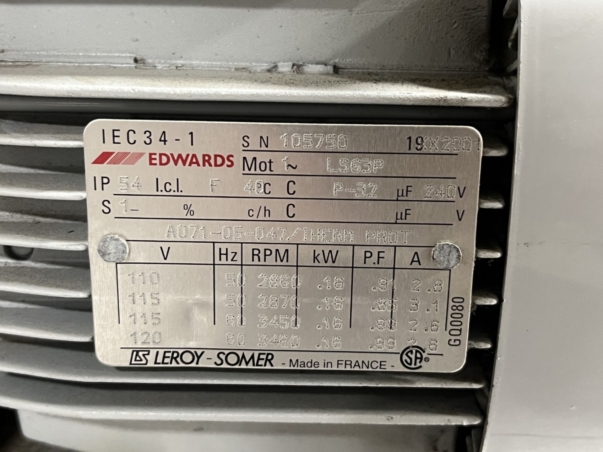 Edwards vacuum pump, model E2M1.5, rated 1.3 cfm, .0023 torr minimum pressure, 120 volts, serial# - Image 7 of 7
