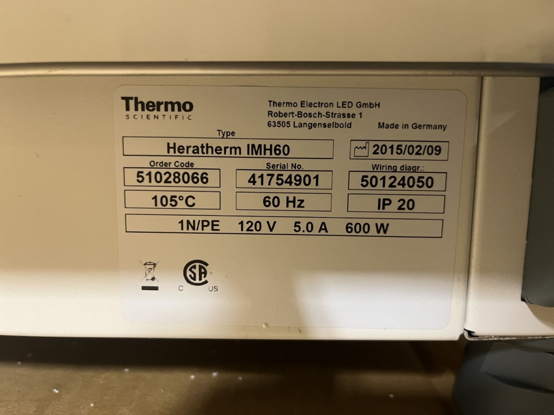 Unused ThermoFisher Heratherm incubator, model IMH60, type 51028066, 105 c max temp range, 2.3 cu ft - Image 7 of 10