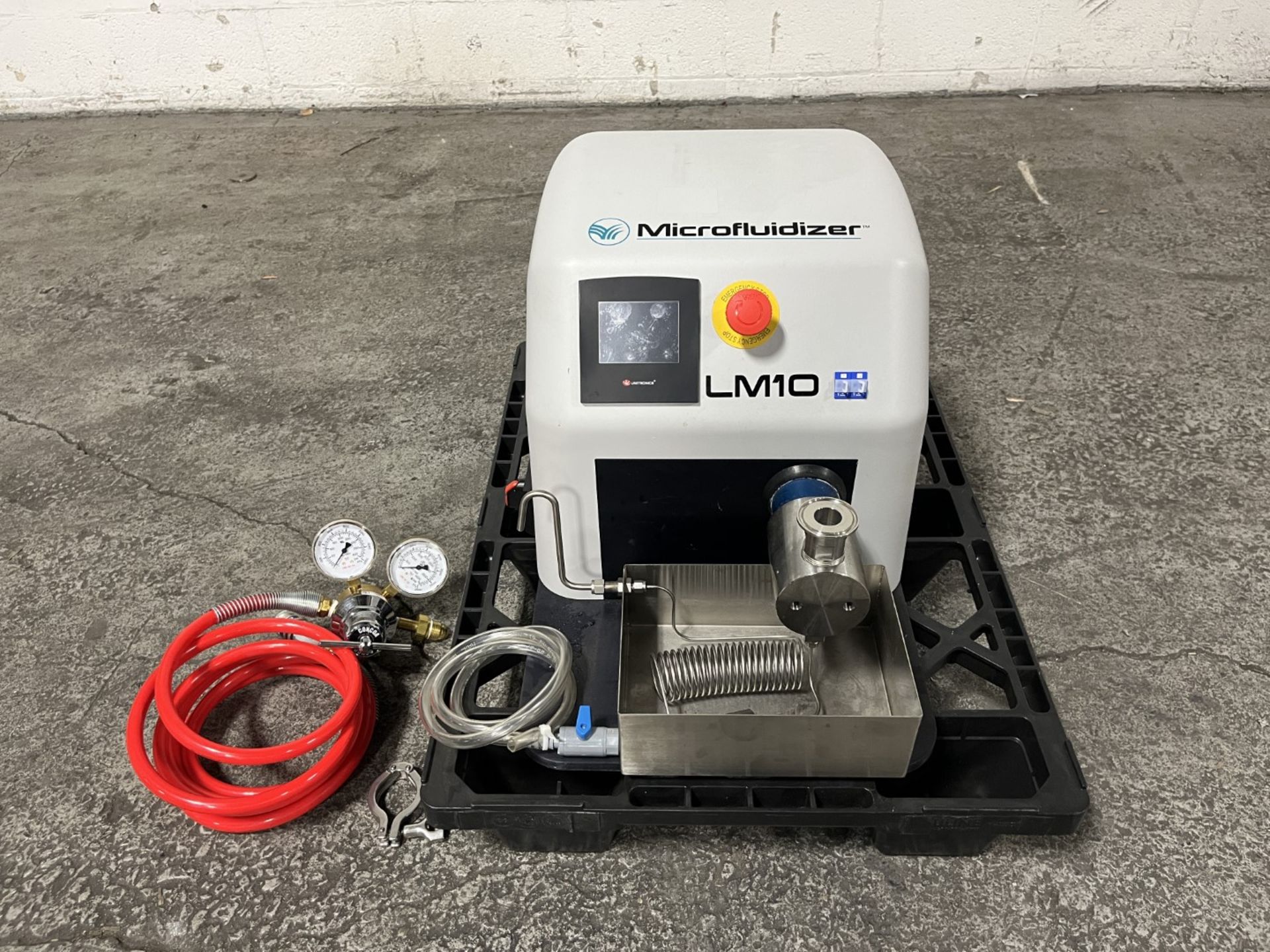 Microfluidics Microfluidizer, Model LM10, stainless chamber, nominally rated up to 23000 psi,