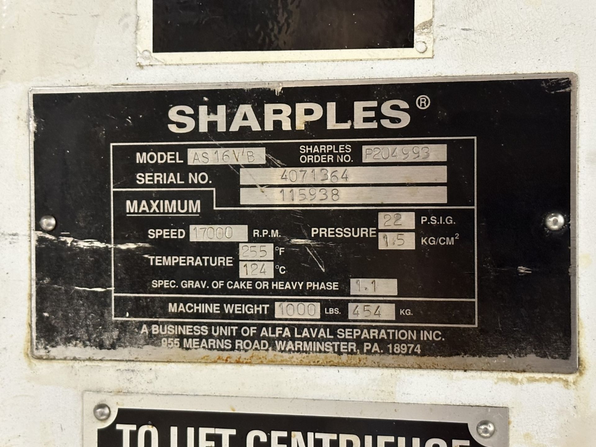 Sharples vaporite super centrifuge, model AS16VB, stainless steel construction, 17000 RPM max speed, - Image 19 of 20