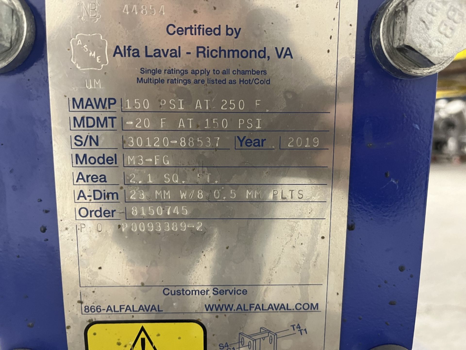 2.1 sq ft Alfa Laval plate heat exchanger, model M3-FG, stainless steel plates, rated 150 psi at 250 - Image 7 of 7