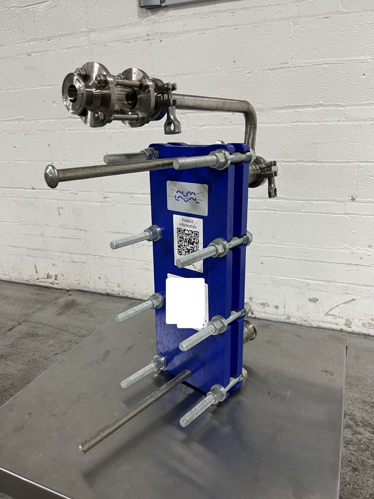 2.1 sq ft Alfa Laval plate heat exchanger, model M3-FG, stainless steel plates, rated 150 psi at 250