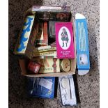 CARTON WITH VINTAGE TINS, HEADBAND ELIMINATING MAGNIFIER,