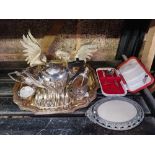 WHITE METAL TRAY WITH A BACHELORS TEA SET,TOAST RACK, CANDLE STICK HOLDERS,