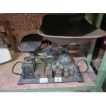 SMALL SET OF SHOP SCALES WITH SQUARE & ROUND WEIGHTS