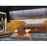 SHELF WITH LETTER RACKS, INLAID TRINKET BOX, 2 BRASS DIVING HELMET BOOKENDS,