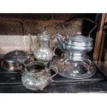 ORNATE COFFEE POT & SUGAR BOWL WITH TRAY & SPIRIT KETTLE & MUFFIN DISH