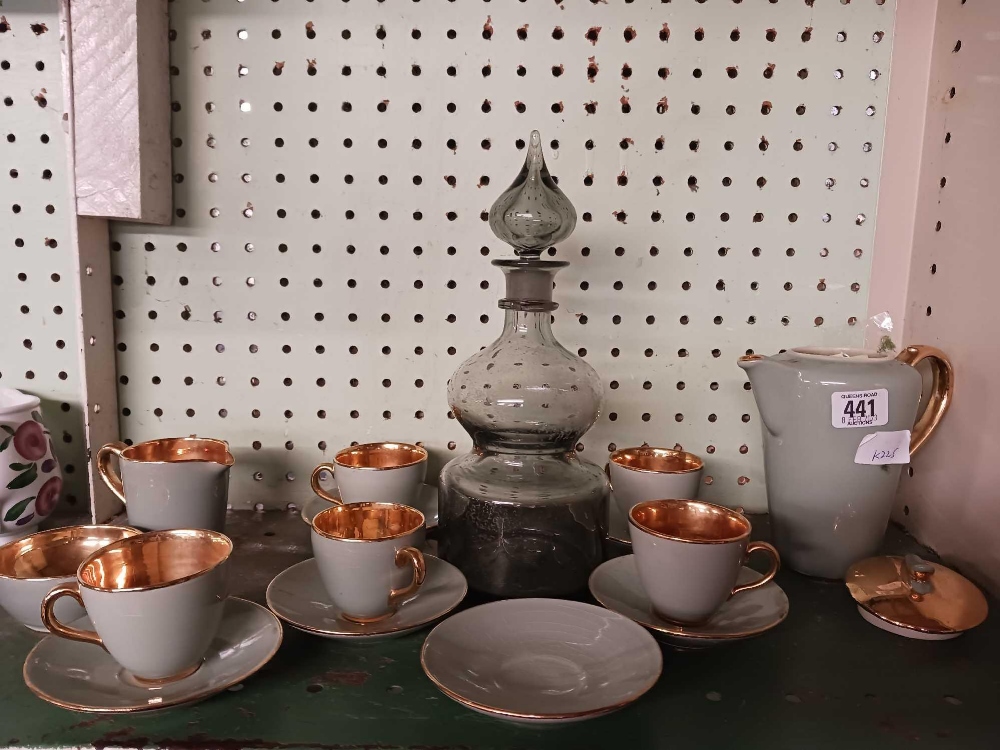 GREEN GLASS DECANTER & A JERSEY POTTERY COFFEE SET