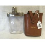 WHITE METAL GLASS BODIED HIP FLASK IN PIG SKIN LEATHER POUCH