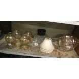 SHELF OF MISC TULIP SHAPED CLIP ON CHANDELIER GLASSES & A BRASS & GLASS CEILING FITMENT & 4 FABRIC