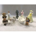 SHELF OF ROYAL DOULTON COALPORT FIGURES & A MIX OF ORNAMENTS