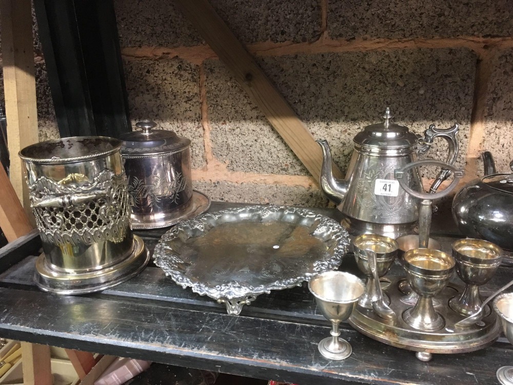 SHELF WITH MISC PLATEDWARE INCL; BISCUIT BARREL, EGG CUP SET, CRUET RACK, TEA POT, SUGAR BOWLS, - Image 2 of 3