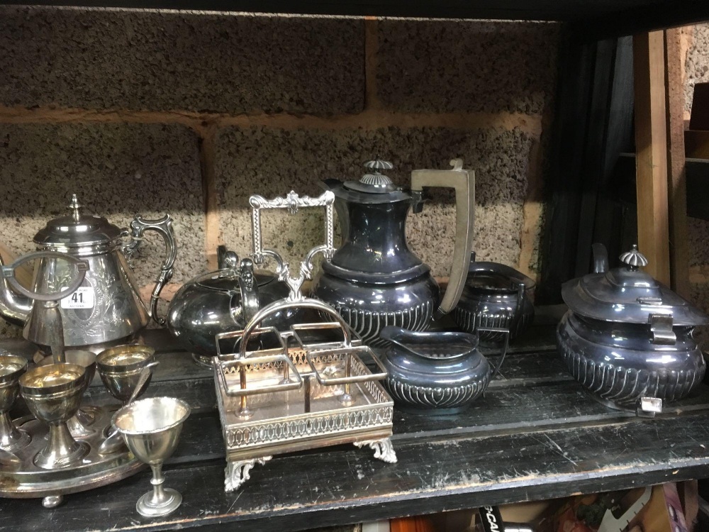 SHELF WITH MISC PLATEDWARE INCL; BISCUIT BARREL, EGG CUP SET, CRUET RACK, TEA POT, SUGAR BOWLS, - Image 3 of 3