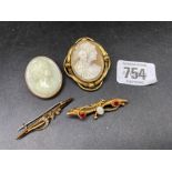 2 CAMEO BROOCHES & 2 BAR BROOCHES,