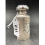 AN UNUSUAL BIRMINGHAM SILVER ENCASED HEXAGONAL SHAPED PERFUME BOTTLE WITH ORIGINAL GLASS DABBER