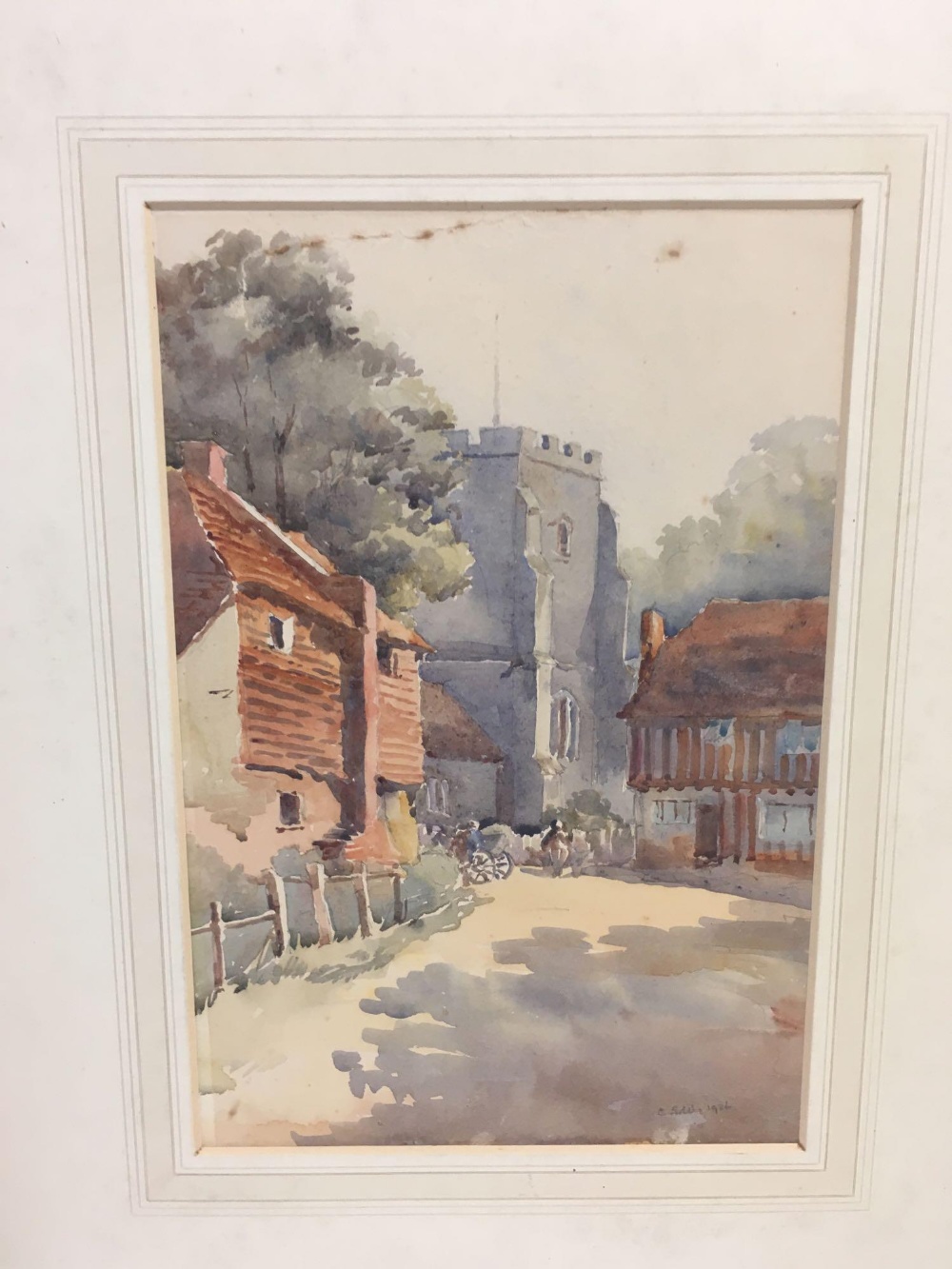 WATERCOLOUR OF A VILLAGE SCENE, INDISTINCTLY SIGNED & DATED 1926,