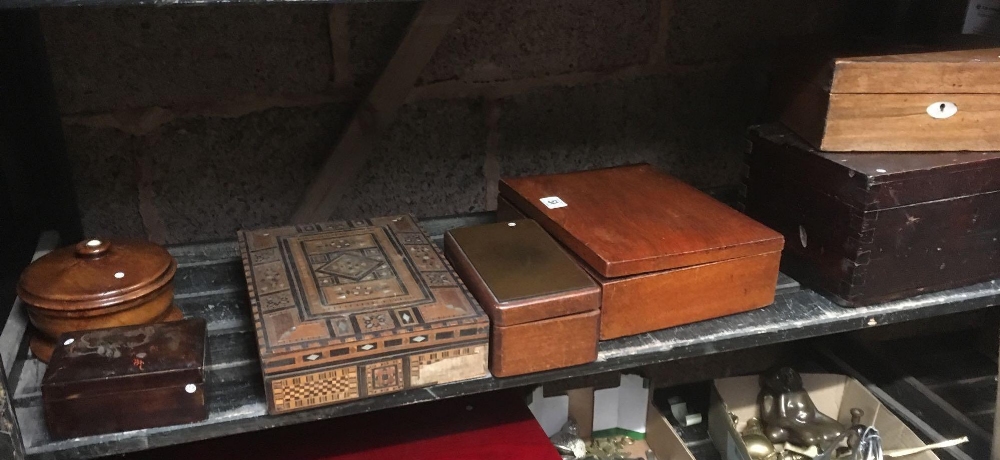 SHELF OF MISC WOODEN BOXES