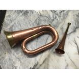 COPPER & BRASS BUGLE MARKED 'PREMIER' BRITISH MADE 1940 WITH CROWS FOOT & A COPPER & BRASS HUNTING