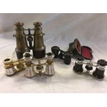 TUB OF MISC BINOCULARS WITH ABALONE INLAY & BRASS BODIED