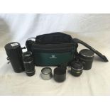 CARRY BAG WITH A CHINON 28M LENSE & A TAKUMAR 135 - 200 MM LENSE BOTH IN CASES