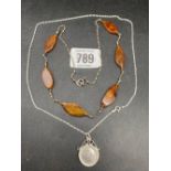 AMBER & SILVER NECKLACE & 1935 3d IN SILVER MOUNT & SILVER CHAIN