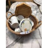 WICKER BASKET WITH ROYAL WORCESTER PIN TRAYS,