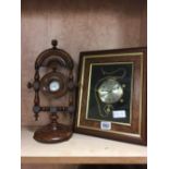 VINTAGE WOODEN POCKET WATCH STAND & A MODERN BATTERY CLOCK IN A FRAME