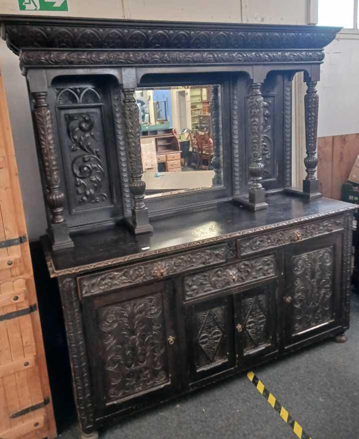 VICTORIAN HEAVILY CARVED SIDEBOARD WITH MIRRORED TOP,