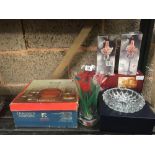 PART SHELF WITH ASHTRAY, VASES, CANDLESTICK HOLDERS,