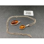 SILVER & AMBER PENDANT NECKLACE & 1 OTHER SILVER AMBER PENDANT