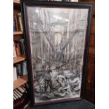 LARGE F/G CHARCOAL DRAWING OF A STREET SCENE WITH SIGNATURE