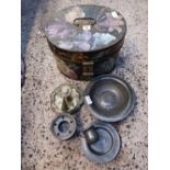 PAINTED HAT BOX WITH METAL CANDLESTICK & HOLDER, 2 PEWTER DISHES,