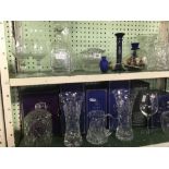 2 SHELVES OF MIXED GLASSWARE INCL; ROYAL DOULTON CRYSTAL VASES,