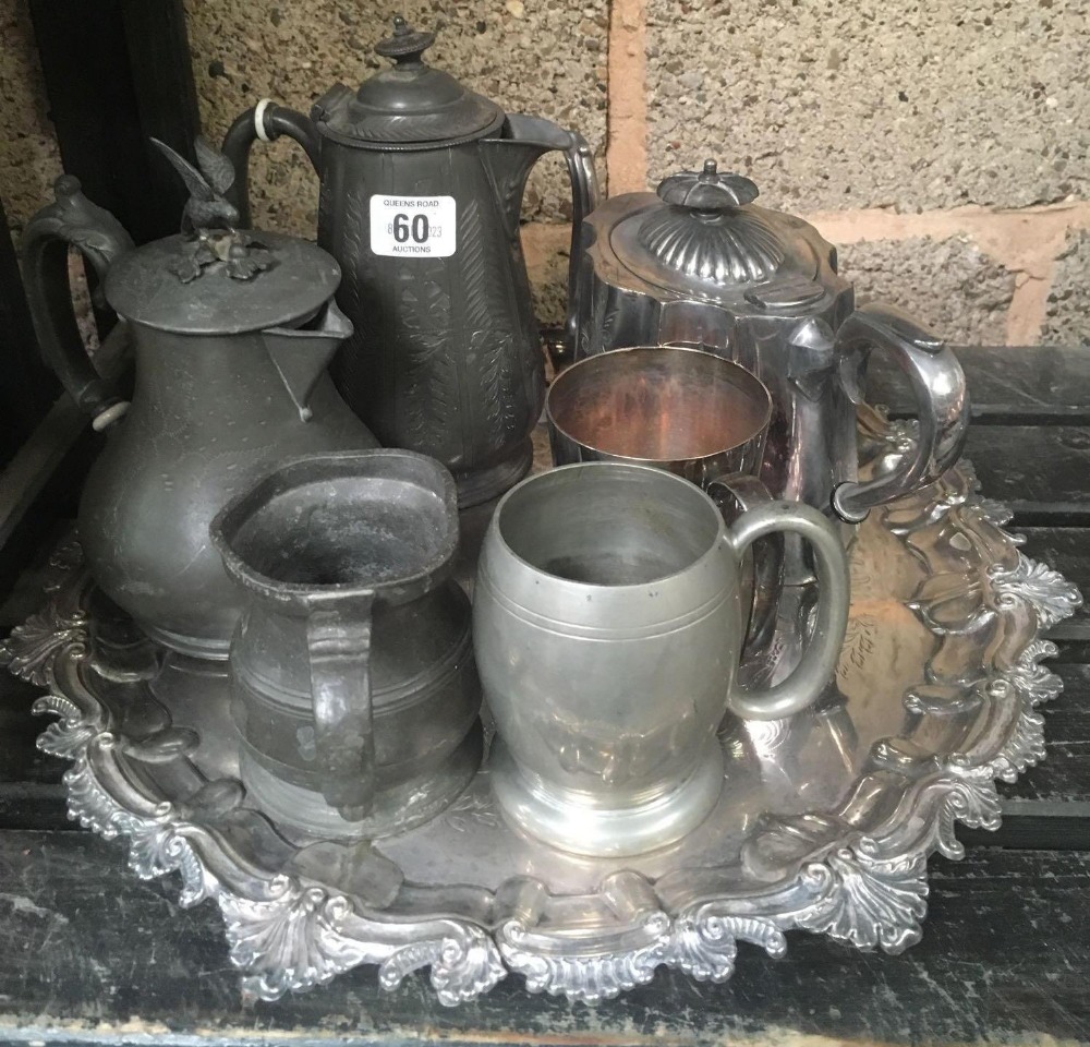 PLATED DECORATIVE TRAY WITH PEWTER COFFEE POT,