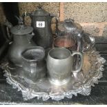 PLATED DECORATIVE TRAY WITH PEWTER COFFEE POT,