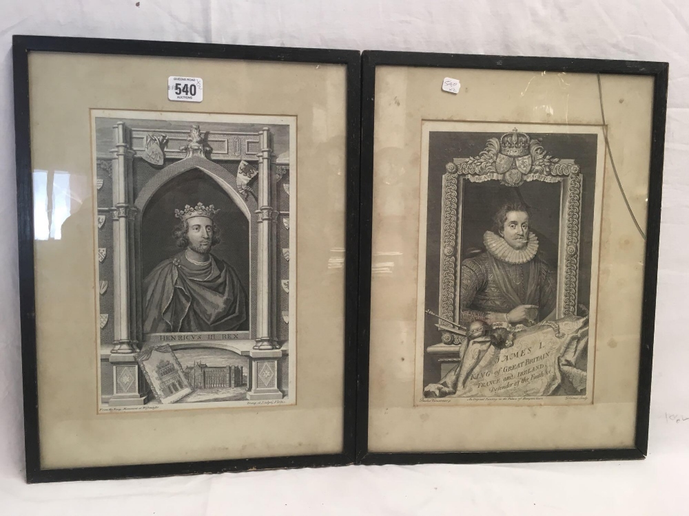 GEORGE VIRTUE [1684-1756] A PAIR OF ANTIQUE ENGRAVINGS OF KINGS HENRY III AND JAMES 1ST,