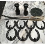 SMALL CARTON WITH PONY HORSESHOE RACKS, HORN - SHOEHORN,