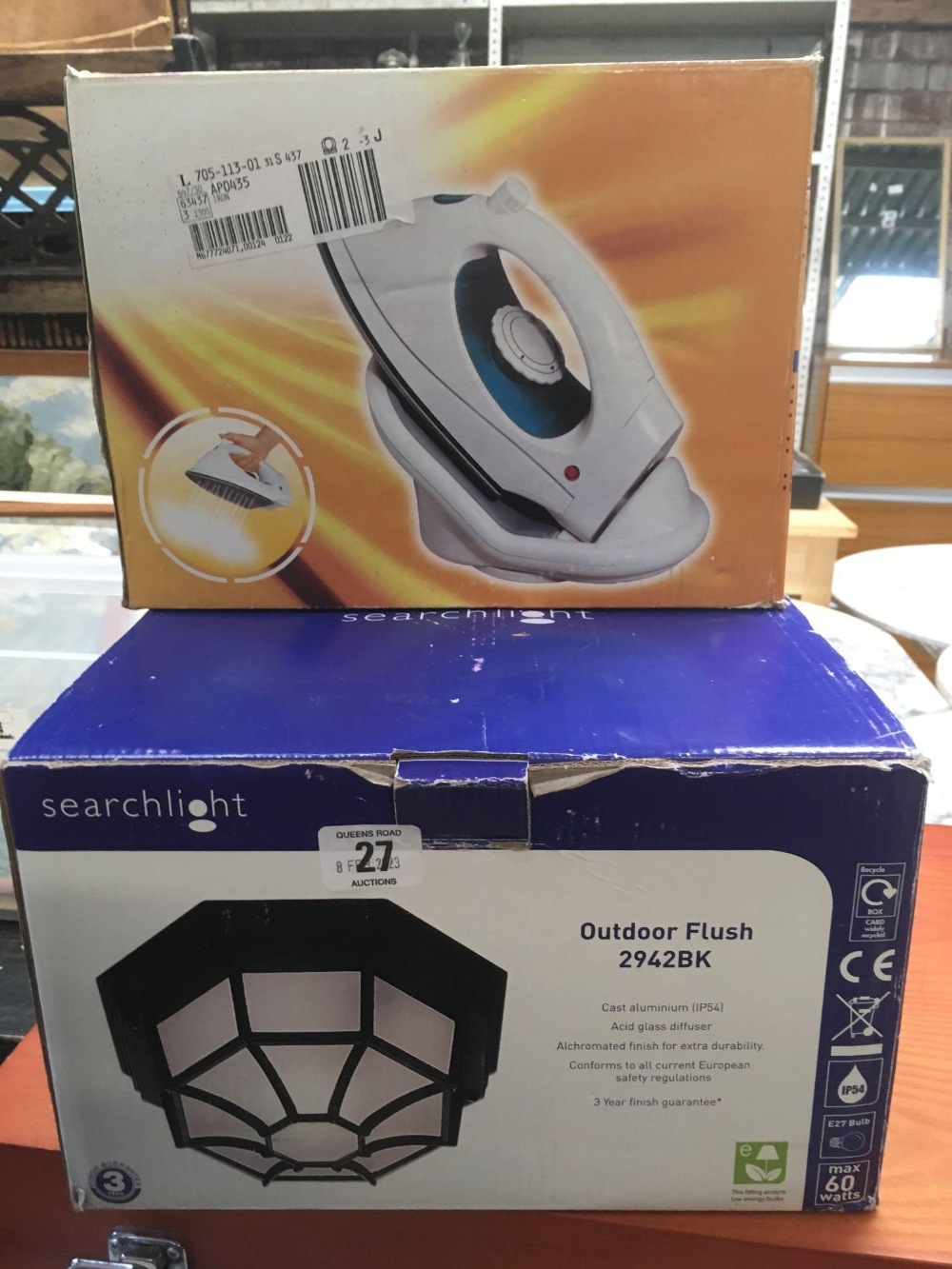 BOX WITH OUT DOOR FLUSH LIGHT FITTING & A STEAM IRON,