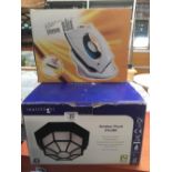 BOX WITH OUT DOOR FLUSH LIGHT FITTING & A STEAM IRON,