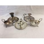 3 CHAMBER CANDLESTICKS & A PAIR OF SAUCE BOATS