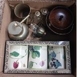 CARTON WITH WOODEN BISCUIT BARREL, 3 EMMA BRIDGEWATER KITCHEN TINS, BRASS TANKARD,