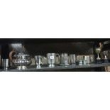 SHELF WITH VARIOUS MUGS, TANKARDS,