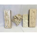 3 IVORY & GOLD COLOURED RESIN PLAQUES & 1 OTHER OF A BUNCH OF GRAPES