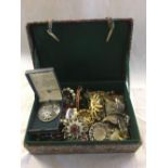UPHOLSTERED JEWELLERY CASKET WITH MISC BROOCHES, NECKLACES,